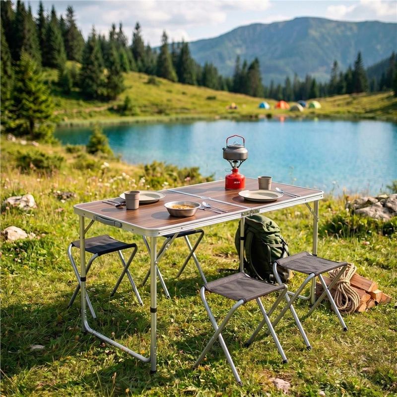 Sport si Outdoor - Camping - Mobilier pentru camping - Mese camping - Set masa pliabila de camping cu 4 scaune, inaltime reglabila, aluminiu si MDF, 120x60x71 cm, maro si argintiu - Infinity.ro