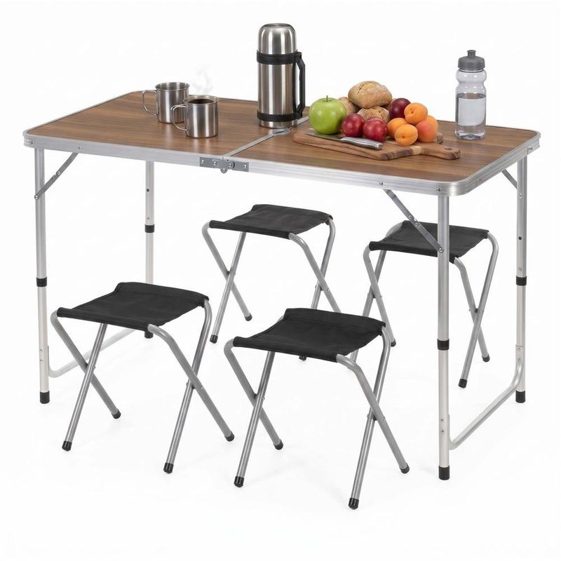 Sport si Outdoor - Camping - Mobilier pentru camping - Mese camping - Set masa pliabila de camping cu 4 scaune, inaltime reglabila, aluminiu si MDF, 120x60x71 cm, maro si argintiu - Infinity.ro