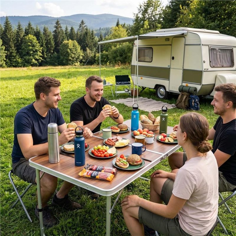 Sport si Outdoor - Camping - Mobilier pentru camping - Mese camping - Set masa pliabila de camping cu 4 scaune, inaltime reglabila, aluminiu si MDF, 120x60x71 cm, maro si argintiu - Infinity.ro