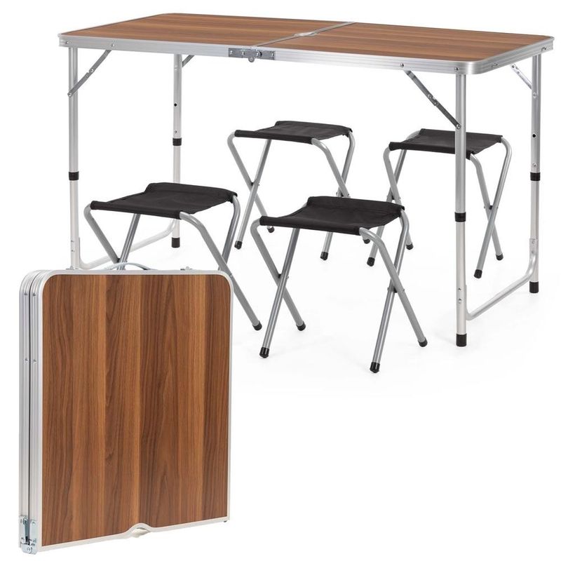 Sport si Outdoor - Camping - Mobilier pentru camping - Mese camping - Set masa pliabila de camping cu 4 scaune, inaltime reglabila, aluminiu si MDF, 120x60x71 cm, maro si argintiu - Infinity.ro