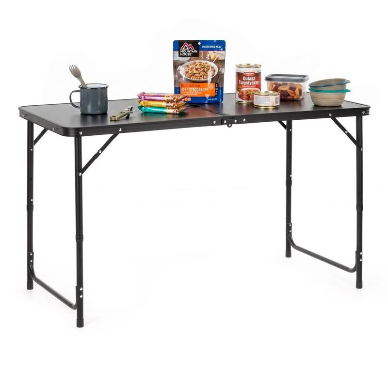 Sport si Outdoor - Camping - Mobilier pentru camping - Mese camping - Masa pliabila pentru camping cu suport umbrela, reglabila pe inaltime, aluminiu si MDF, 120x60x71 cm, negru si gri - Infinity.ro