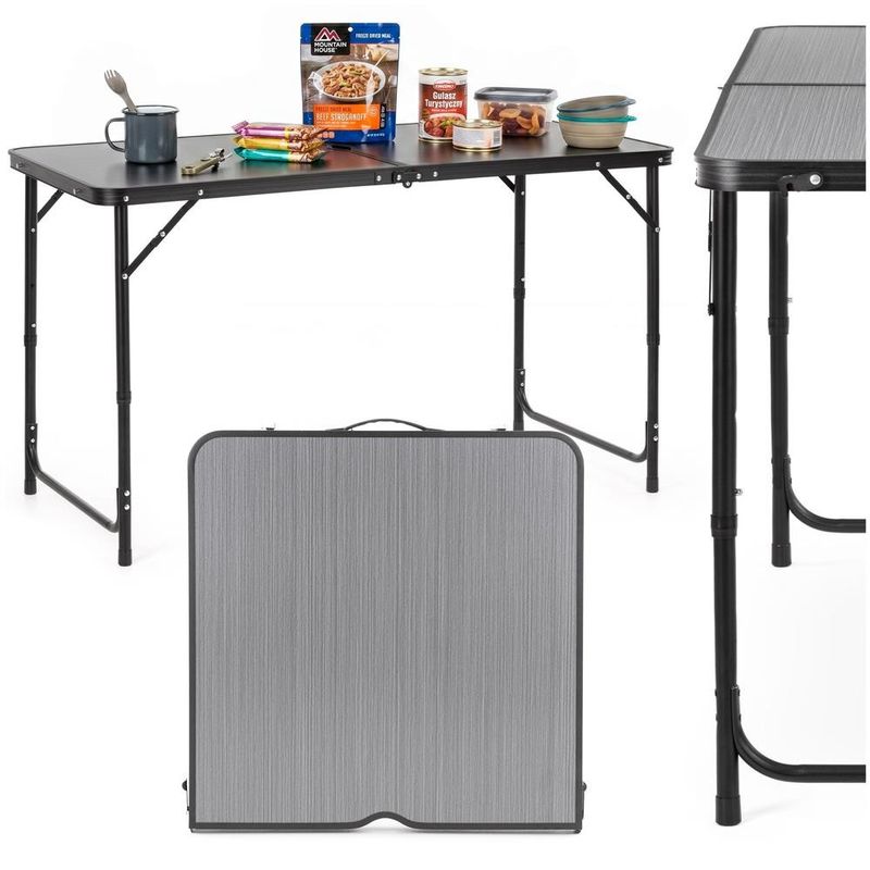 Sport si Outdoor - Camping - Mobilier pentru camping - Mese camping - Masa pliabila pentru camping cu suport umbrela, reglabila pe inaltime, aluminiu si MDF, 120x60x71 cm, negru si gri - Infinity.ro