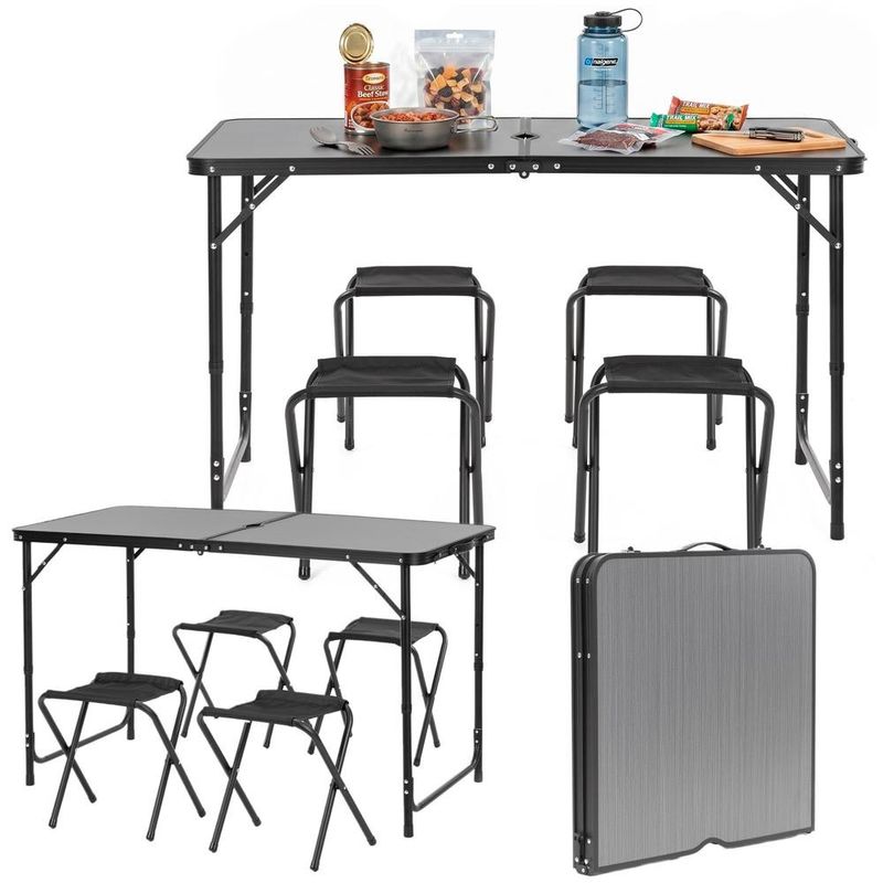 Sport si Outdoor - Camping - Mobilier pentru camping - Mese camping - Set masa pliabila de camping cu 4 scaune, inaltime reglabila, aluminiu si MDF, 120x60x71 cm, negru - Infinity.ro