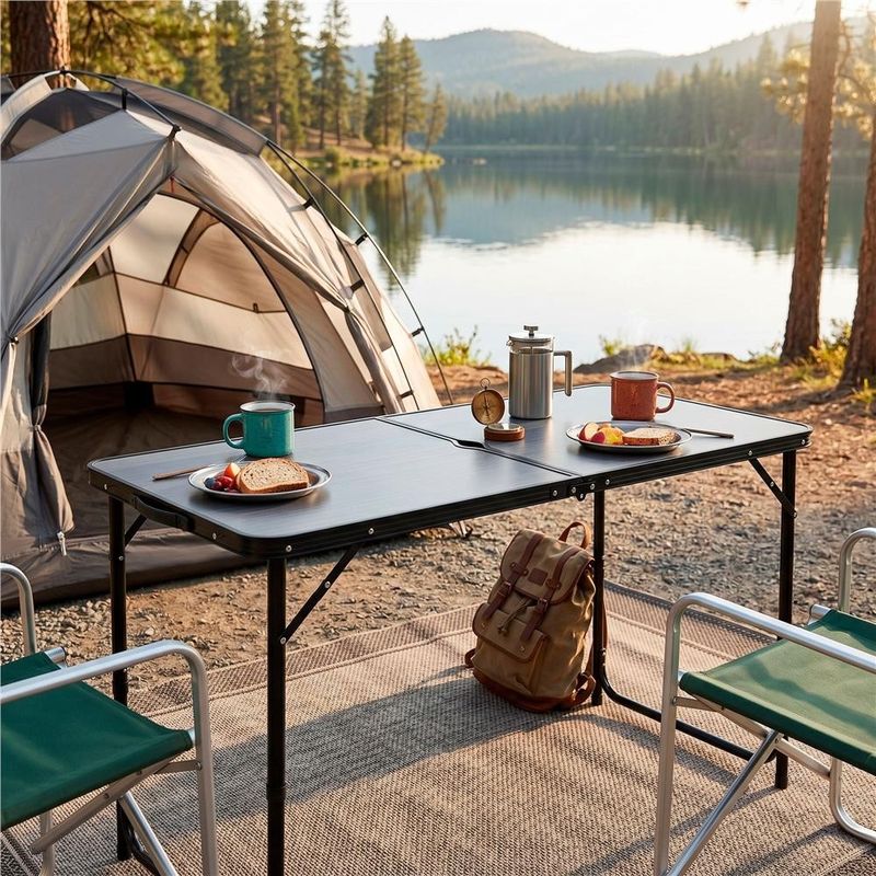 Sport si Outdoor - Camping - Mobilier pentru camping - Mese camping - Masa pliabila pentru camping cu suport umbrela, reglabila pe inaltime, aluminiu si MDF, 120x60x71 cm, negru si gri - Infinity.ro