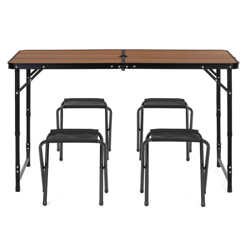 Sport si Outdoor - Camping - Mobilier pentru camping - Mese camping - Set masa pliabila de camping cu 4 scaune, inaltime reglabila, aluminiu si MDF, 120x60x71 cm, maro si negru - Infinity.ro