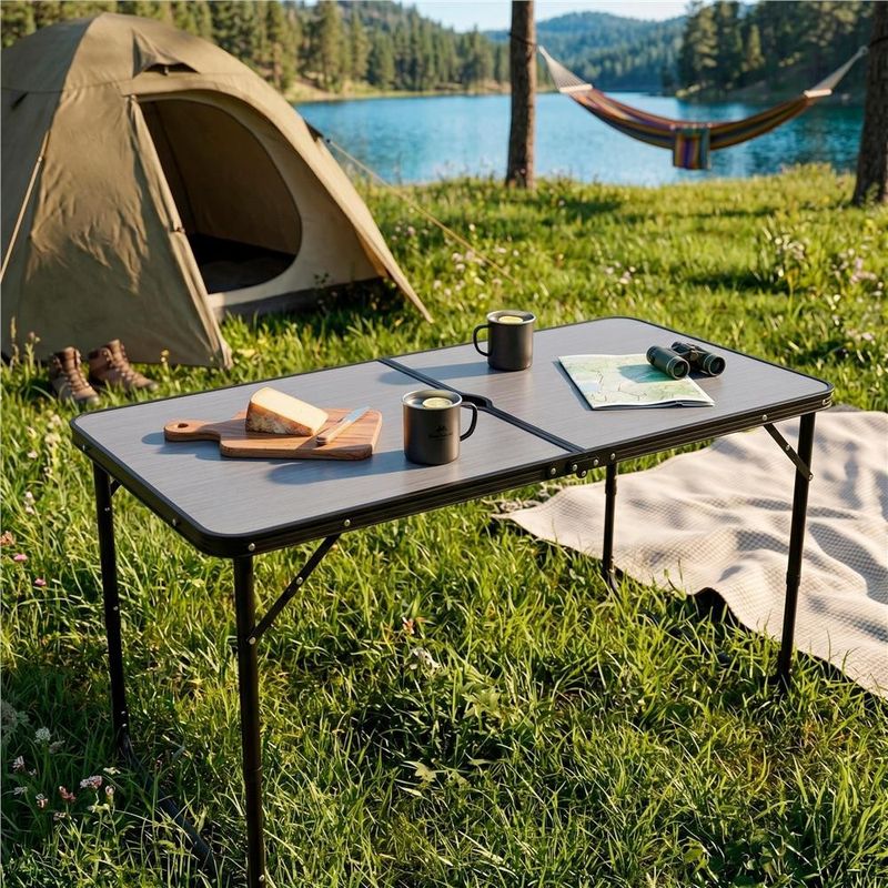 Sport si Outdoor - Camping - Mobilier pentru camping - Mese camping - Masa pliabila pentru camping cu suport umbrela, reglabila pe inaltime, aluminiu si MDF, 120x60x71 cm, negru si gri - Infinity.ro