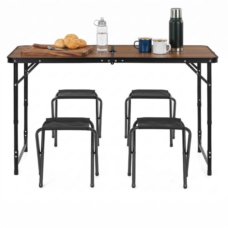 Sport si Outdoor - Camping - Mobilier pentru camping - Mese camping - Set masa pliabila de camping cu 4 scaune, inaltime reglabila, aluminiu si MDF, 120x60x71 cm, maro si negru - Infinity.ro
