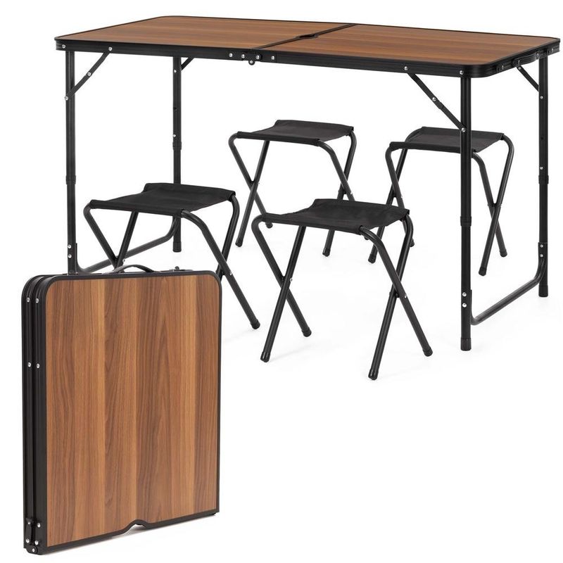 Sport si Outdoor - Camping - Mobilier pentru camping - Mese camping - Set masa pliabila de camping cu 4 scaune, inaltime reglabila, aluminiu si MDF, 120x60x71 cm, maro si negru - Infinity.ro