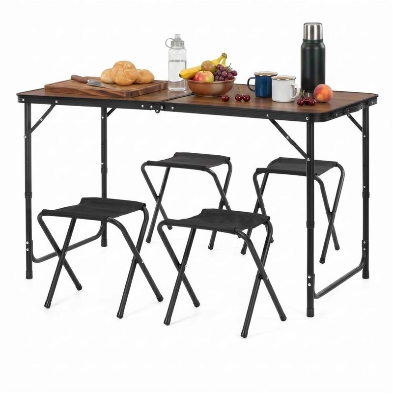 Sport si Outdoor - Camping - Mobilier pentru camping - Mese camping - Set masa pliabila de camping cu 4 scaune, inaltime reglabila, aluminiu si MDF, 120x60x71 cm, maro si negru - Infinity.ro