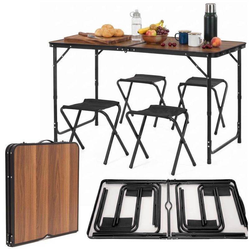 Sport si Outdoor - Camping - Mobilier pentru camping - Mese camping - Set masa pliabila de camping cu 4 scaune, inaltime reglabila, aluminiu si MDF, 120x60x71 cm, maro si negru - Infinity.ro