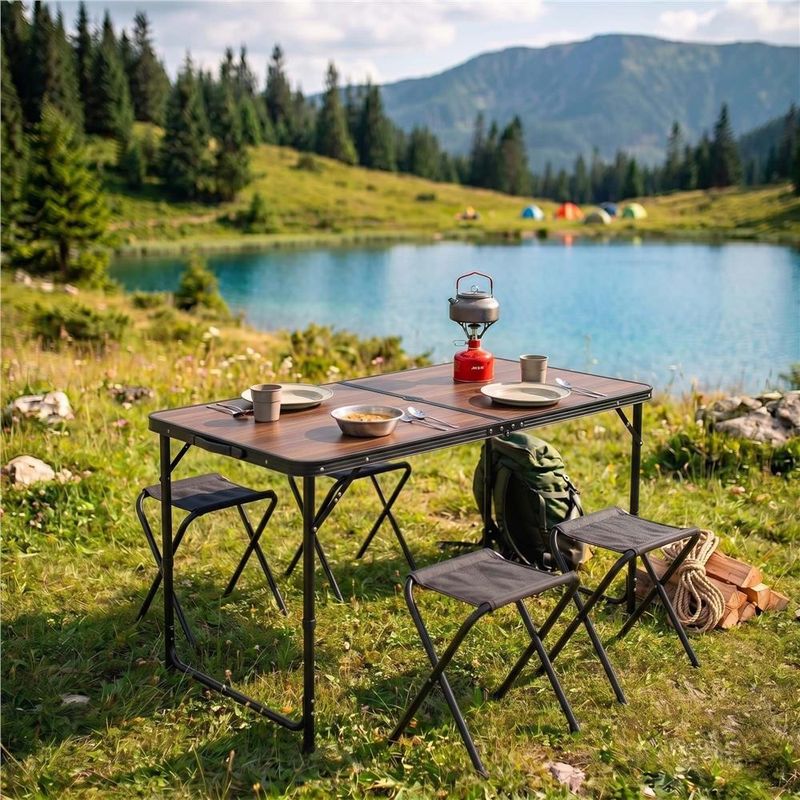 Sport si Outdoor - Camping - Mobilier pentru camping - Mese camping - Set masa pliabila de camping cu 4 scaune, inaltime reglabila, aluminiu si MDF, 120x60x71 cm, maro si negru - Infinity.ro