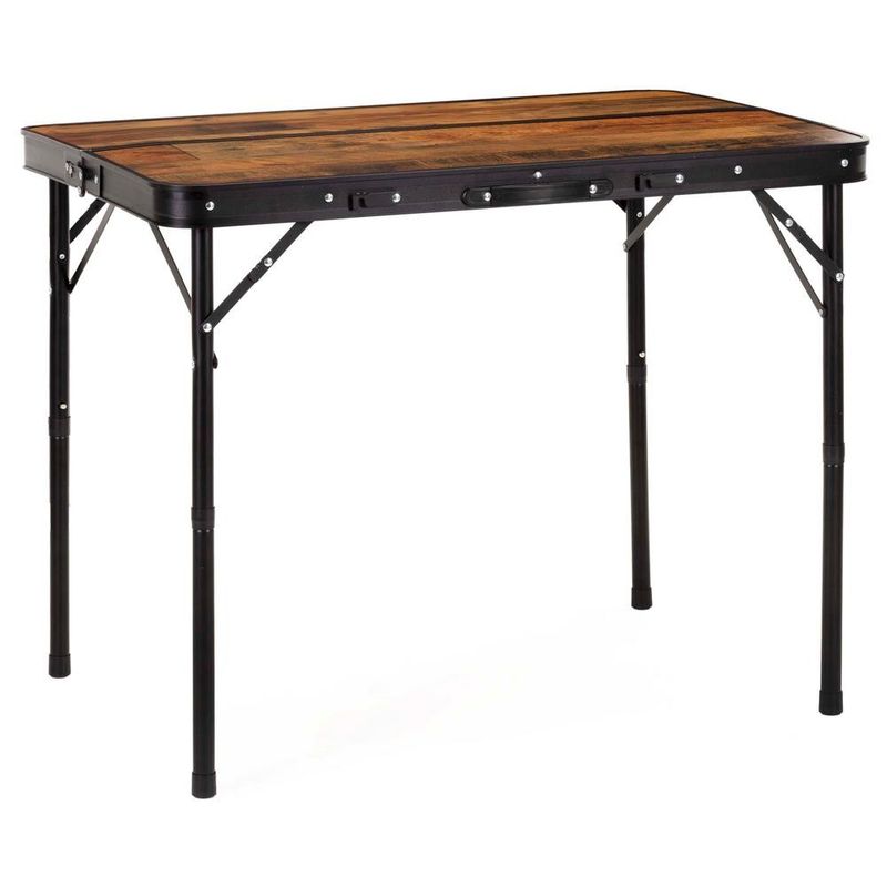 Sport si Outdoor - Camping - Mobilier pentru camping - Mese camping - Set masa pliabila cu 2 banci pentru camping, reglabila pe inaltime, MDF si aluminiu, 90x60x70 cm, maro si negru - Infinity.ro