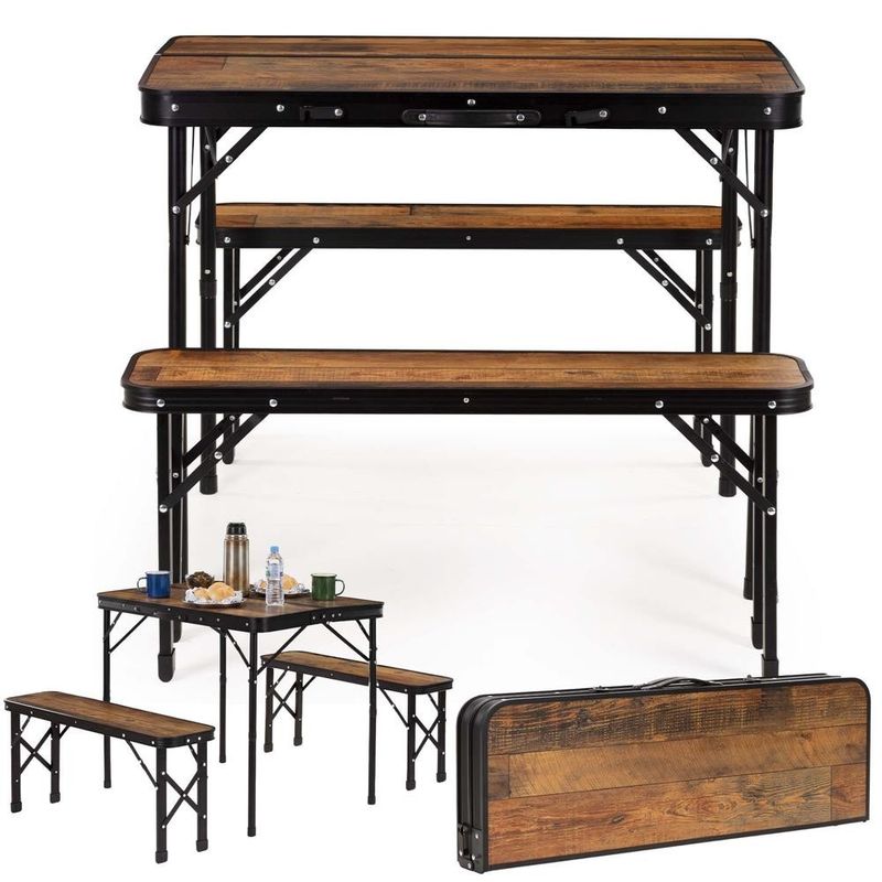 Sport si Outdoor - Camping - Mobilier pentru camping - Mese camping - Set masa pliabila cu 2 banci pentru camping, reglabila pe inaltime, MDF si aluminiu, 90x60x70 cm, maro si negru - Infinity.ro