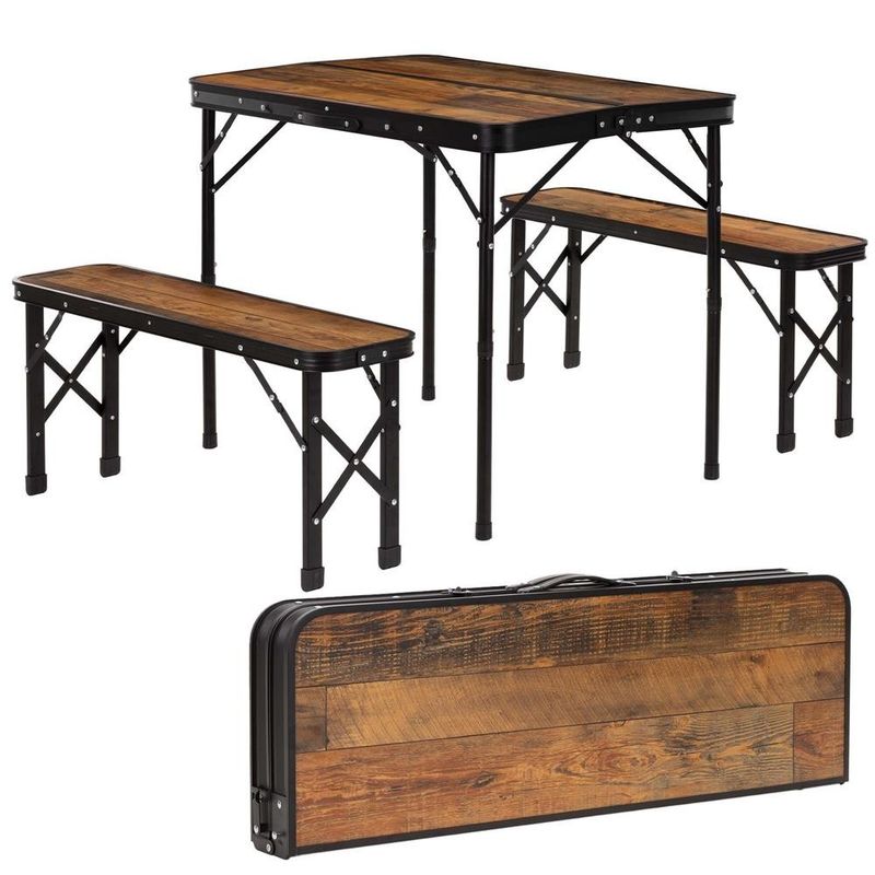 Sport si Outdoor - Camping - Mobilier pentru camping - Mese camping - Set masa pliabila cu 2 banci pentru camping, reglabila pe inaltime, MDF si aluminiu, 90x60x70 cm, maro si negru - Infinity.ro