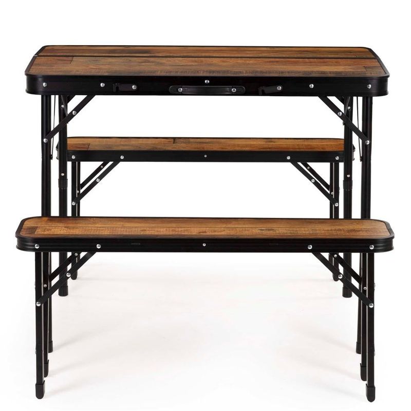 Sport si Outdoor - Camping - Mobilier pentru camping - Mese camping - Set masa pliabila cu 2 banci pentru camping, reglabila pe inaltime, MDF si aluminiu, 90x60x70 cm, maro si negru - Infinity.ro