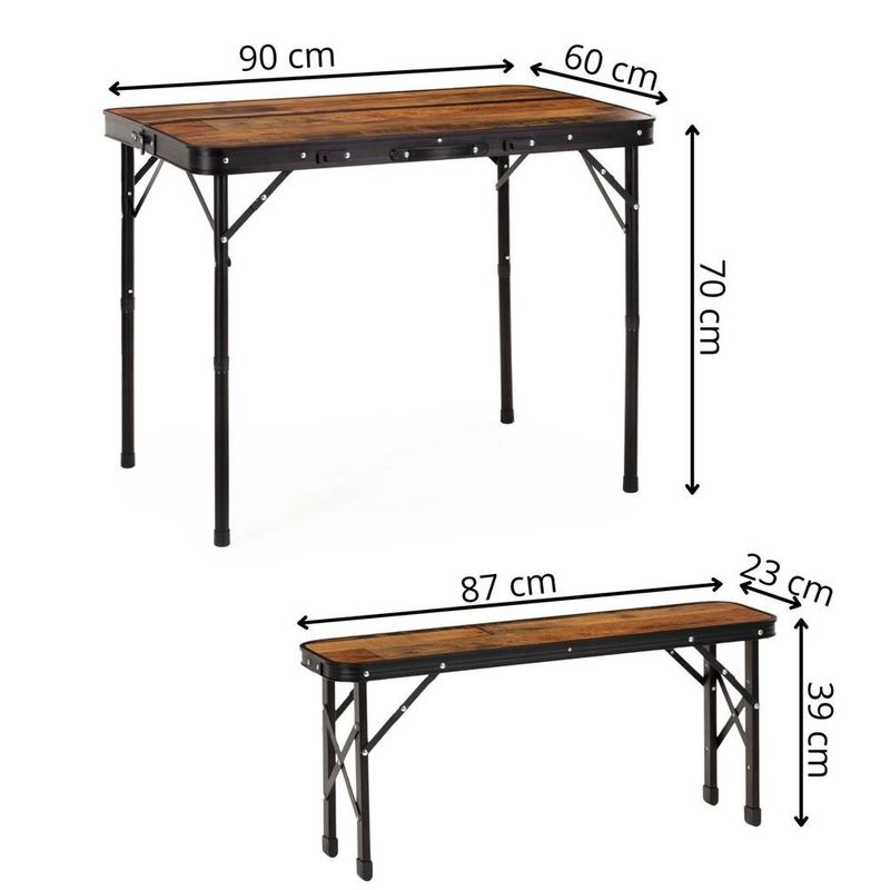 Sport si Outdoor - Camping - Mobilier pentru camping - Mese camping - Set masa pliabila cu 2 banci pentru camping, reglabila pe inaltime, MDF si aluminiu, 90x60x70 cm, maro si negru - Infinity.ro