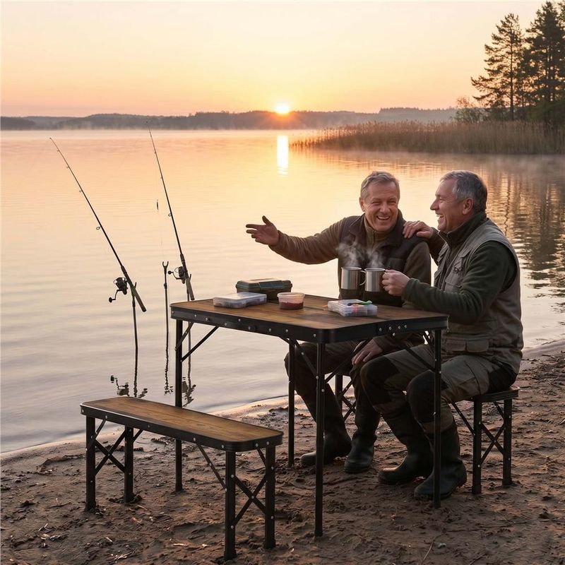 Sport si Outdoor - Camping - Mobilier pentru camping - Mese camping - Set masa pliabila cu 2 banci pentru camping, reglabila pe inaltime, MDF si aluminiu, 90x60x70 cm, maro si negru - Infinity.ro