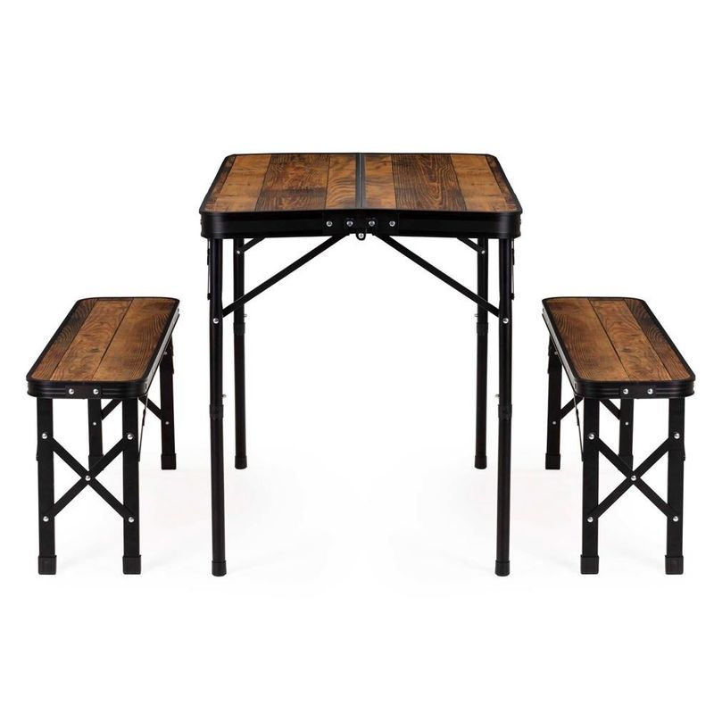 Sport si Outdoor - Camping - Mobilier pentru camping - Mese camping - Set masa pliabila cu 2 banci pentru camping, reglabila pe inaltime, MDF si aluminiu, 90x60x70 cm, maro si negru - Infinity.ro