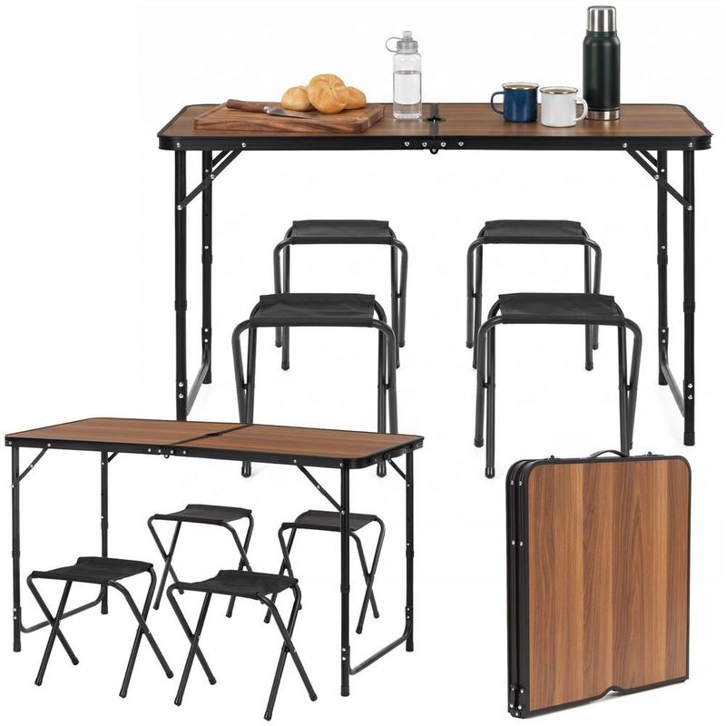 Sport si Outdoor - Camping - Mobilier pentru camping - Mese camping - Set masa pliabila de camping cu 4 scaune, inaltime reglabila, aluminiu si MDF, 120x60x71 cm, maro si negru - Infinity.ro