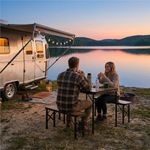 Sport si Outdoor - Camping - Mobilier pentru camping - Mese camping - Set masa pliabila cu 2 banci pentru camping, reglabila pe inaltime, MDF si aluminiu, 90x60x70 cm, maro si negru - Infinity.ro