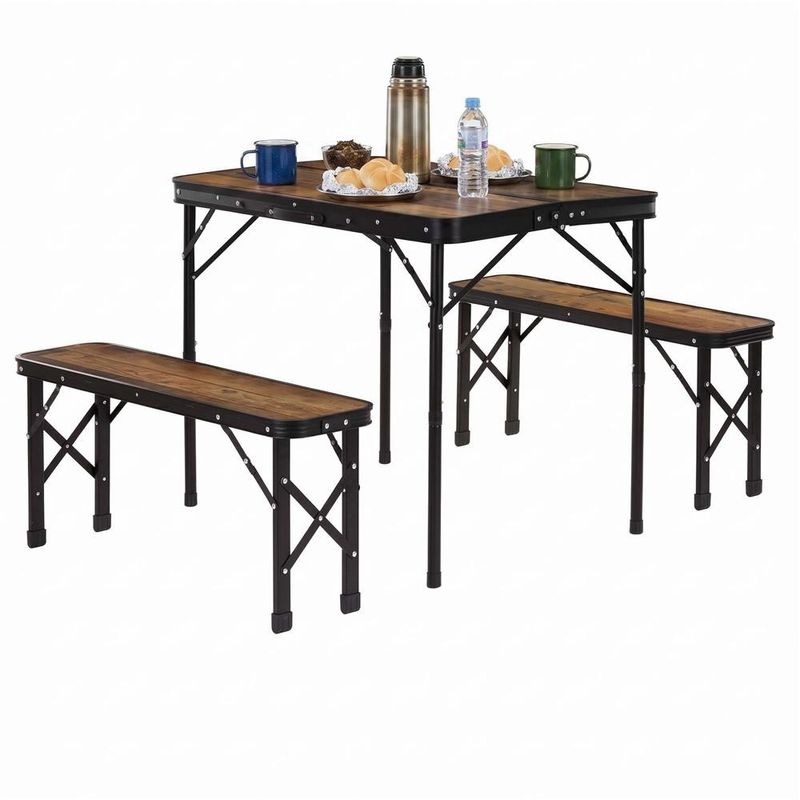 Sport si Outdoor - Camping - Mobilier pentru camping - Mese camping - Set masa pliabila cu 2 banci pentru camping, reglabila pe inaltime, MDF si aluminiu, 90x60x70 cm, maro si negru - Infinity.ro