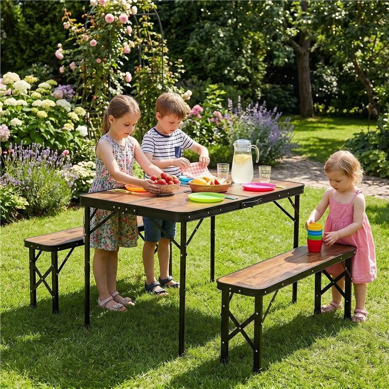 Sport si Outdoor - Camping - Mobilier pentru camping - Mese camping - Set masa pliabila cu 2 banci pentru camping, reglabila pe inaltime, MDF si aluminiu, 90x60x70 cm, maro si negru - Infinity.ro