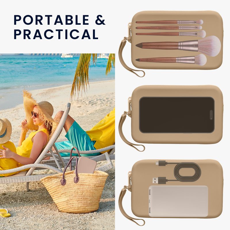Laptop, Telefoane si Tablete - Telefoane mobile si accesorii - Accesorii Telefoane - Huse telefoane - Husa universala tip holster Kwmobile, buzunar card, curea de mana, rezistenta la apa, silicon, bej - Infinity.ro