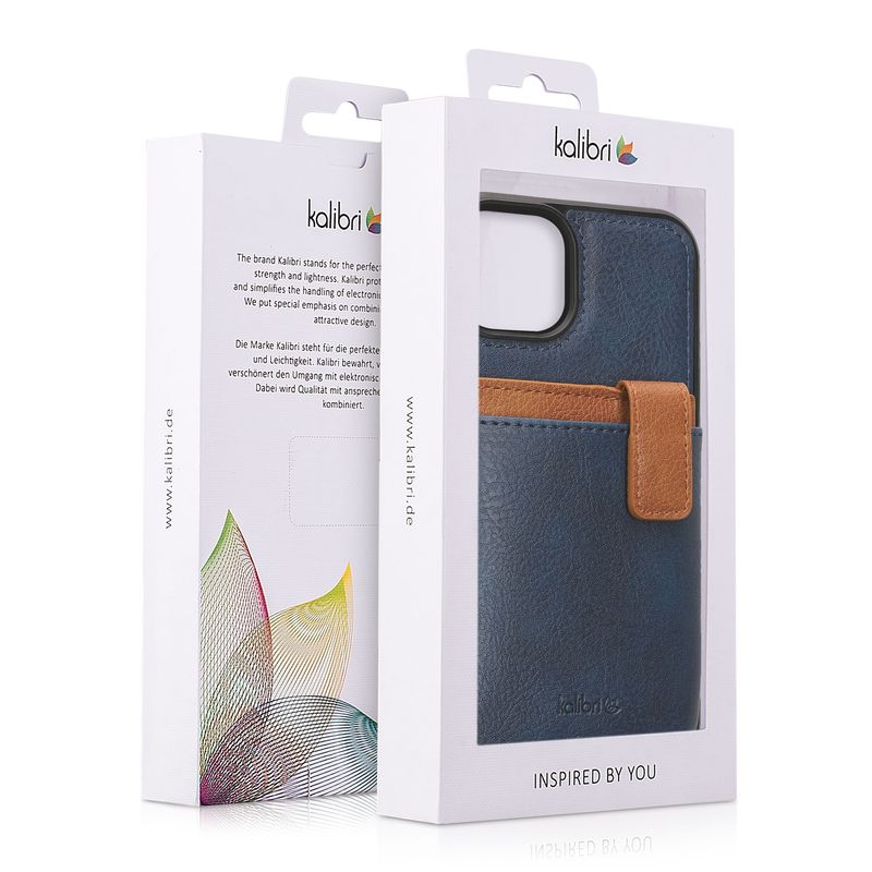 Laptop, Telefoane si Tablete - Telefoane mobile si accesorii - Accesorii Telefoane - Huse telefoane - Husa tip portofel Kalibri pentru iPhone 13/14, buzunar card, protectie la socuri, piele ecologica, TPU, albastru, maro - Infinity.ro