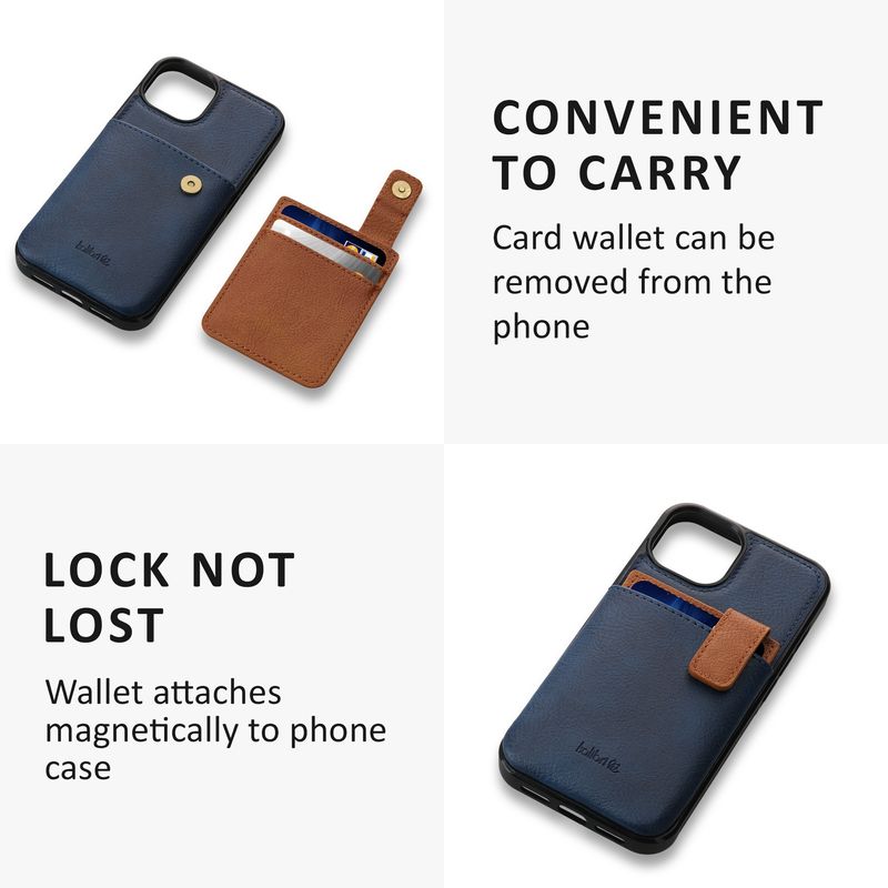 Laptop, Telefoane si Tablete - Telefoane mobile si accesorii - Accesorii Telefoane - Huse telefoane - Husa tip portofel Kalibri pentru iPhone 13/14, buzunar card, protectie la socuri, piele ecologica, TPU, albastru, maro - Infinity.ro