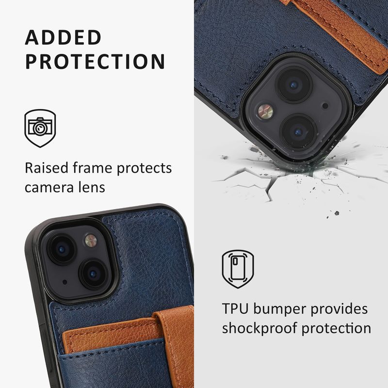 Laptop, Telefoane si Tablete - Telefoane mobile si accesorii - Accesorii Telefoane - Huse telefoane - Husa tip portofel Kalibri pentru iPhone 13/14, buzunar card, protectie la socuri, piele ecologica, TPU, albastru, maro - Infinity.ro