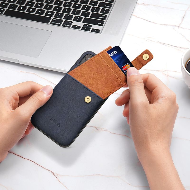 Laptop, Telefoane si Tablete - Telefoane mobile si accesorii - Accesorii Telefoane - Huse telefoane - Husa tip portofel Kalibri pentru iPhone 12/12 Pro, buzunar card, piele ecologica, TPU, albastru, maro - Infinity.ro