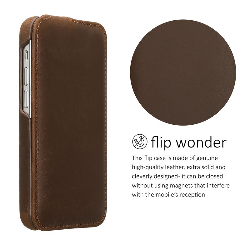 Laptop, Telefoane si Tablete - Telefoane mobile si accesorii - Accesorii Telefoane - Huse telefoane - Husa tip flip Kalibri pentru iPhone 13 mini, protectie la zgarieturi, piele naturala, maro - Infinity.ro
