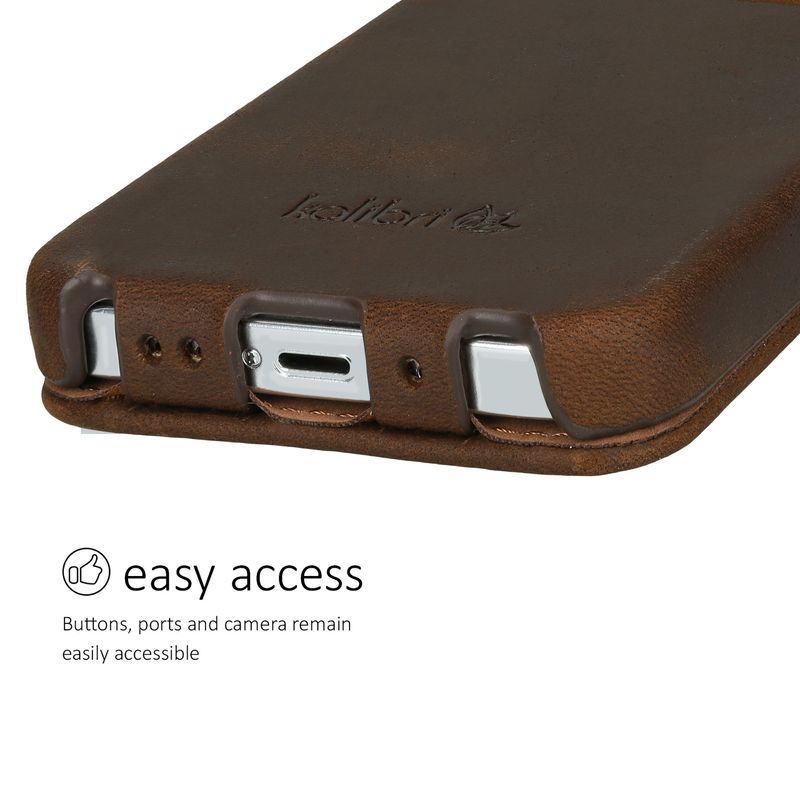 Laptop, Telefoane si Tablete - Telefoane mobile si accesorii - Accesorii Telefoane - Huse telefoane - Husa tip flip Kalibri pentru iPhone 13 mini, protectie la zgarieturi, piele naturala, maro - Infinity.ro