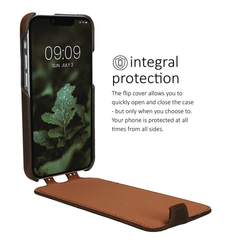 Laptop, Telefoane si Tablete - Telefoane mobile si accesorii - Accesorii Telefoane - Huse telefoane - Husa tip flip Kalibri pentru iPhone 13 mini, protectie la zgarieturi, piele naturala, maro - Infinity.ro