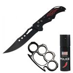 Sport si Outdoor - Camping - Cutite, bricege si accesorii - Cutite si bricege - Set briceag de vanatoare, spray paralizant chili si roxeta autoaparare DEPOX®, 21.5 cm/12 cm/60 ml, negru - Infinity.ro