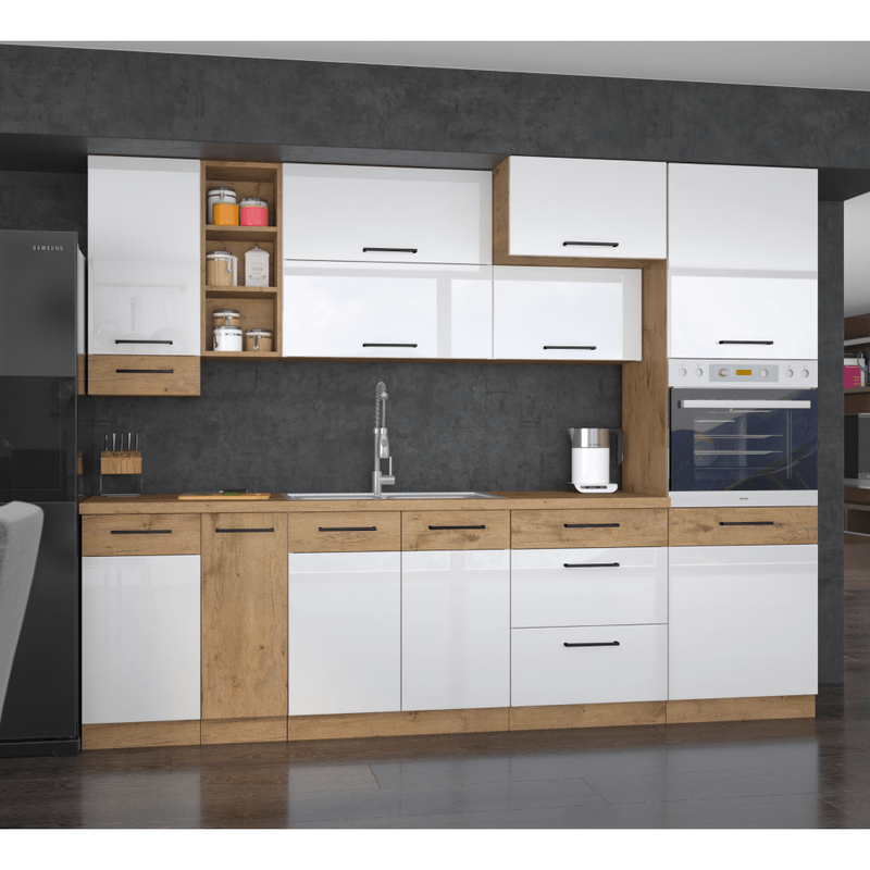 Casa si Gradina - Mobilier - Comode si corpuri - Corpuri bucatarie - Cabinet inferior, alb extra lucios HG/stejar Lancelot, VEGA D40 3S BB - Infinity.ro