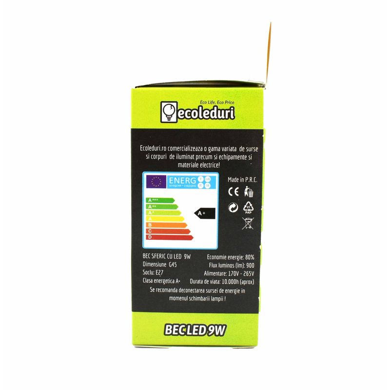 Casa si Gradina - Corpuri si surse de iluminat - Becuri si tuburi neon - Becuri - Bec E27 9W Sferic G45 Ecoled 6400K - Infinity.ro
