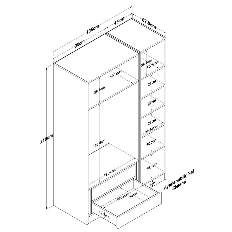 Casa si Gradina - Mobilier - Dulapuri si sifoniere - Sifoniere - Dulap haine BA155, 135 x 210 x 57,5 cm, alb, PAL, spațiu de depozitare, fixare pe perete - Infinity.ro