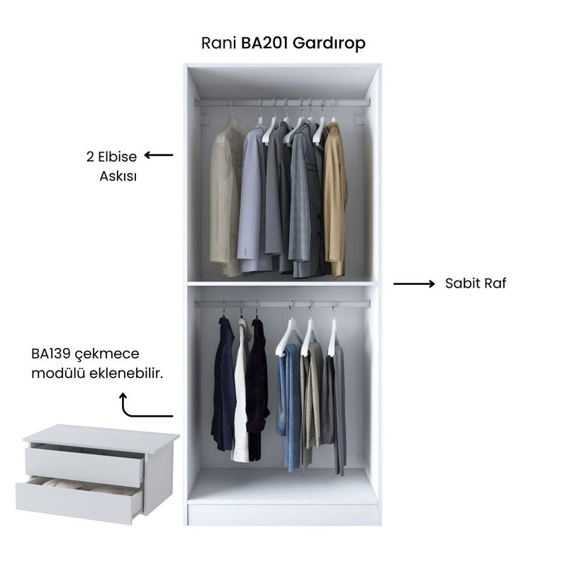 Casa si Gradina - Mobilier - Dulapuri si sifoniere - Sifoniere - Dulap haine BA201, 90 x 210 x 57,5 cm, alb, PAL, spațiu de depozitare, fixare pe perete - Infinity.ro