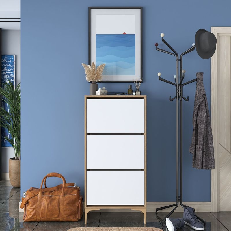 Casa si Gradina - Mobilier - Dulapuri si sifoniere - Dulapuri pantofi - Pantofar EB116, 60 x 125 x 37,5 cm, nuc alb, PAL, spațiu de depozitare, fixare pe perete - Infinity.ro