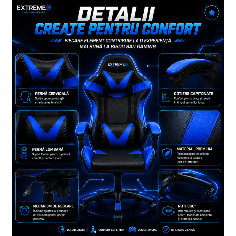 PC, gaming si accesorii - Gaming - Accesorii gaming - Scaune gaming - Scaun Gaming Ergonomic ExtremeG® RX, Piele Ecologica, Suport Lombar, Perna Tetiera, Spatar Rabatabil 165°,Negru/Albastru - Infinity.ro
