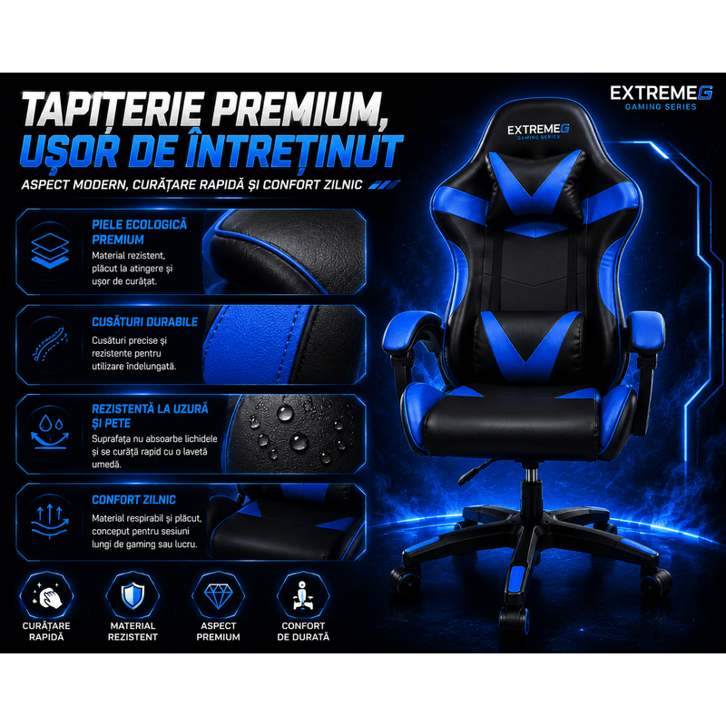 PC, gaming si accesorii - Gaming - Accesorii gaming - Scaune gaming - Scaun Gaming Ergonomic ExtremeG® RX, Piele Ecologica, Suport Lombar, Perna Tetiera, Spatar Rabatabil 165°,Negru/Albastru - Infinity.ro