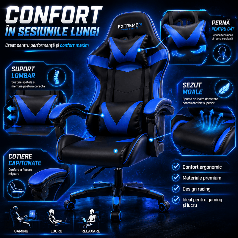 PC, gaming si accesorii - Gaming - Accesorii gaming - Scaune gaming - Scaun Gaming Ergonomic ExtremeG® RX, Piele Ecologica, Suport Lombar, Perna Tetiera, Spatar Rabatabil 165°,Negru/Albastru - Infinity.ro