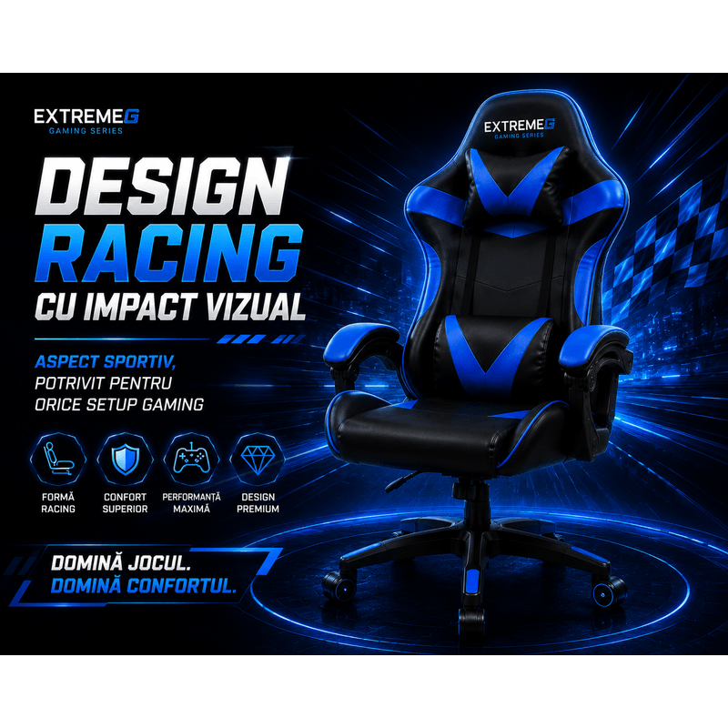 PC, gaming si accesorii - Gaming - Accesorii gaming - Scaune gaming - Scaun Gaming Ergonomic ExtremeG® RX, Piele Ecologica, Suport Lombar, Perna Tetiera, Spatar Rabatabil 165°,Negru/Albastru - Infinity.ro