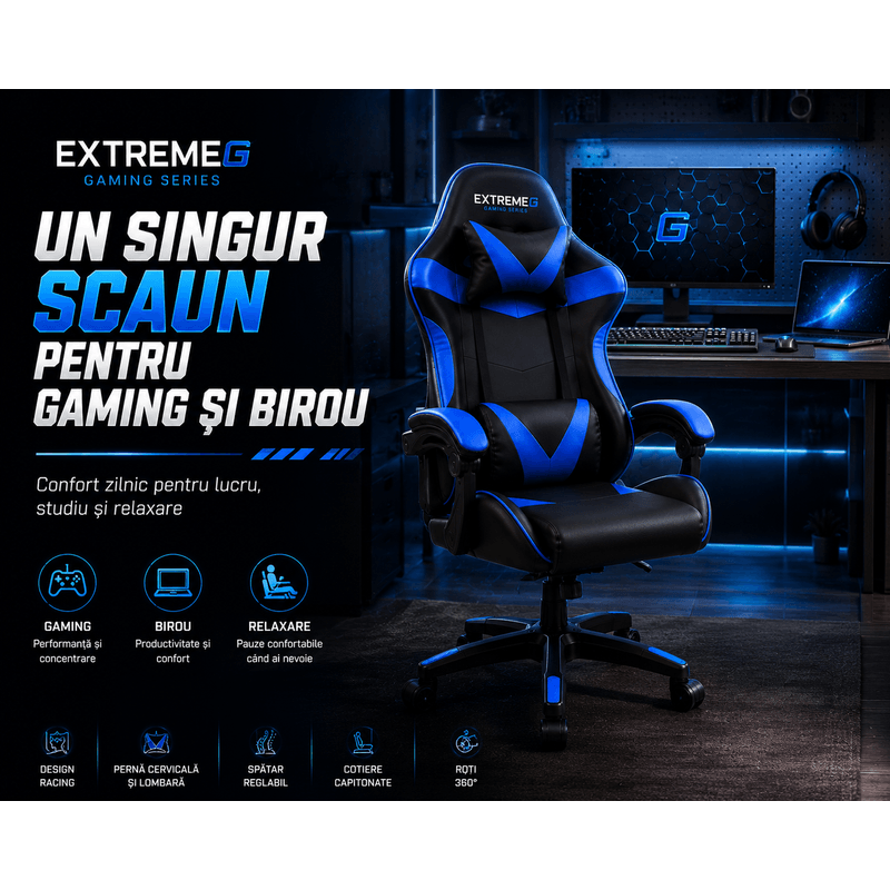 PC, gaming si accesorii - Gaming - Accesorii gaming - Scaune gaming - Scaun Gaming Ergonomic ExtremeG® RX, Piele Ecologica, Suport Lombar, Perna Tetiera, Spatar Rabatabil 165°,Negru/Albastru - Infinity.ro