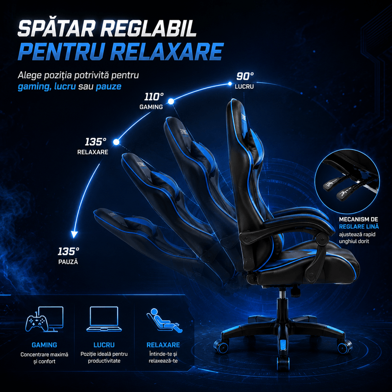 PC, gaming si accesorii - Gaming - Accesorii gaming - Scaune gaming - Scaun Gaming Ergonomic ExtremeG® RX, Piele Ecologica, Suport Lombar, Perna Tetiera, Spatar Rabatabil 165°,Negru/Albastru - Infinity.ro