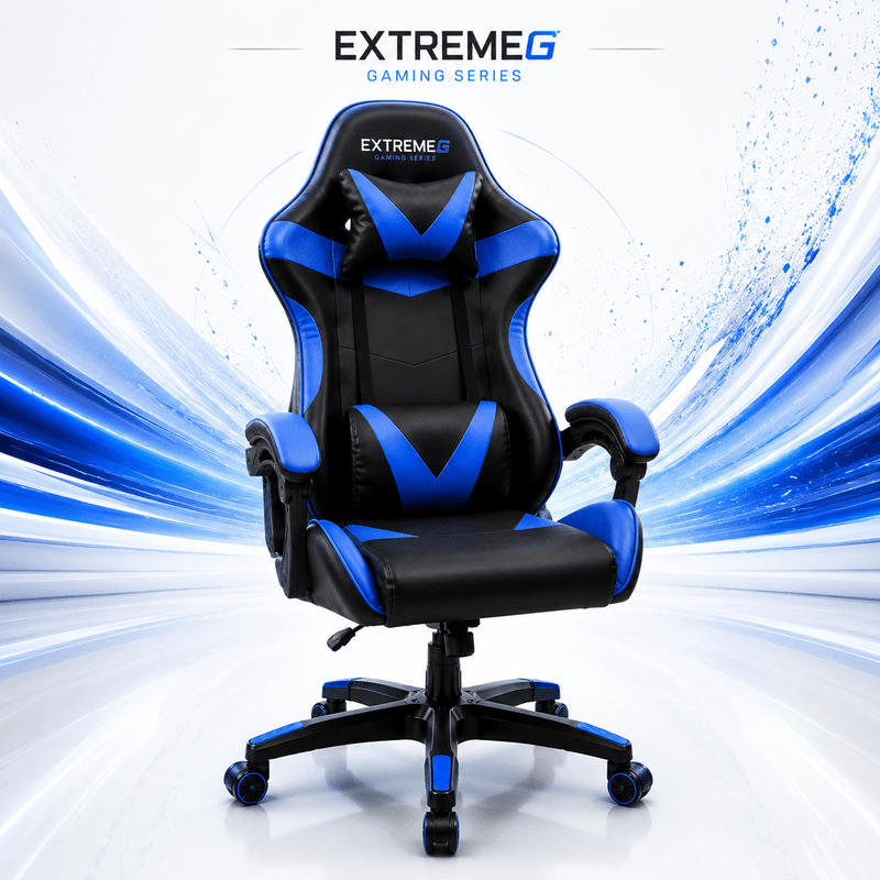 PC, gaming si accesorii - Gaming - Accesorii gaming - Scaune gaming - Scaun Gaming Ergonomic ExtremeG® RX, Piele Ecologica, Suport Lombar, Perna Tetiera, Spatar Rabatabil 165°,Negru/Albastru - Infinity.ro