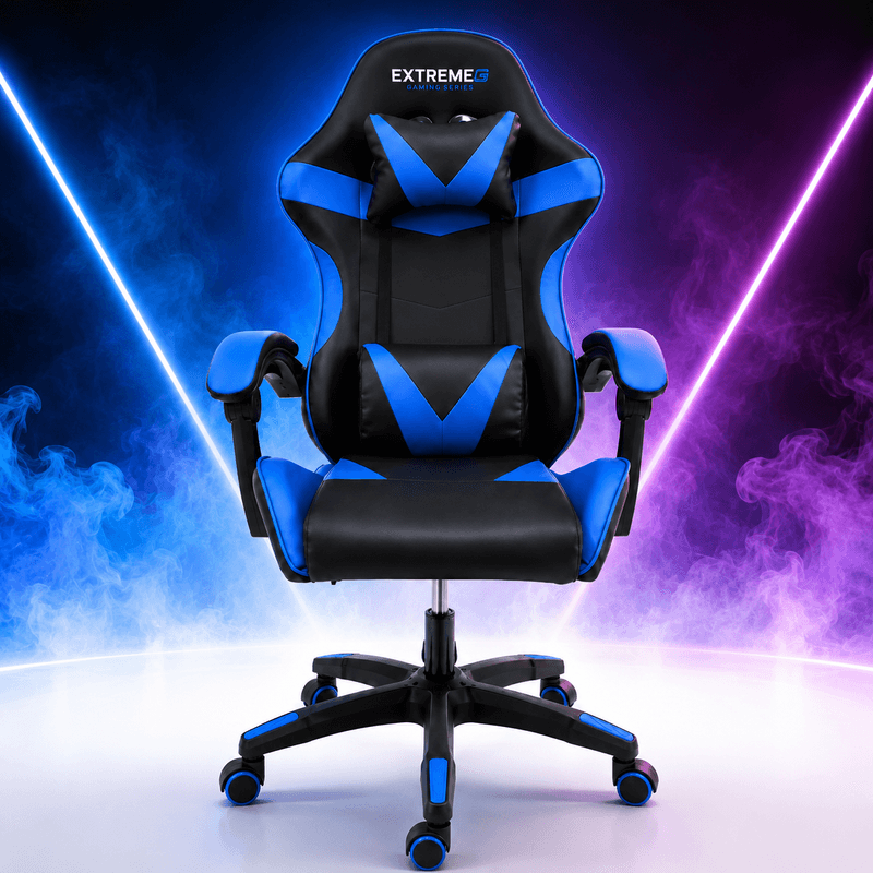 PC, gaming si accesorii - Gaming - Accesorii gaming - Scaune gaming - Scaun Gaming Ergonomic ExtremeG® RX, Piele Ecologica, Suport Lombar, Perna Tetiera, Spatar Rabatabil 165°,Negru/Albastru - Infinity.ro