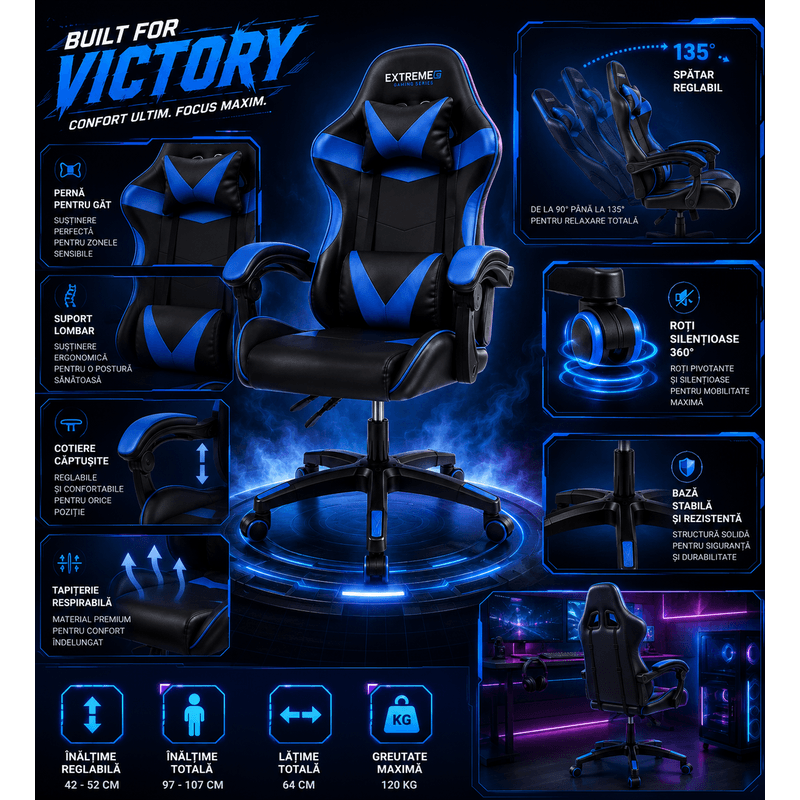 PC, gaming si accesorii - Gaming - Accesorii gaming - Scaune gaming - Scaun Gaming Ergonomic ExtremeG® RX, Piele Ecologica, Suport Lombar, Perna Tetiera, Spatar Rabatabil 165°,Negru/Albastru - Infinity.ro