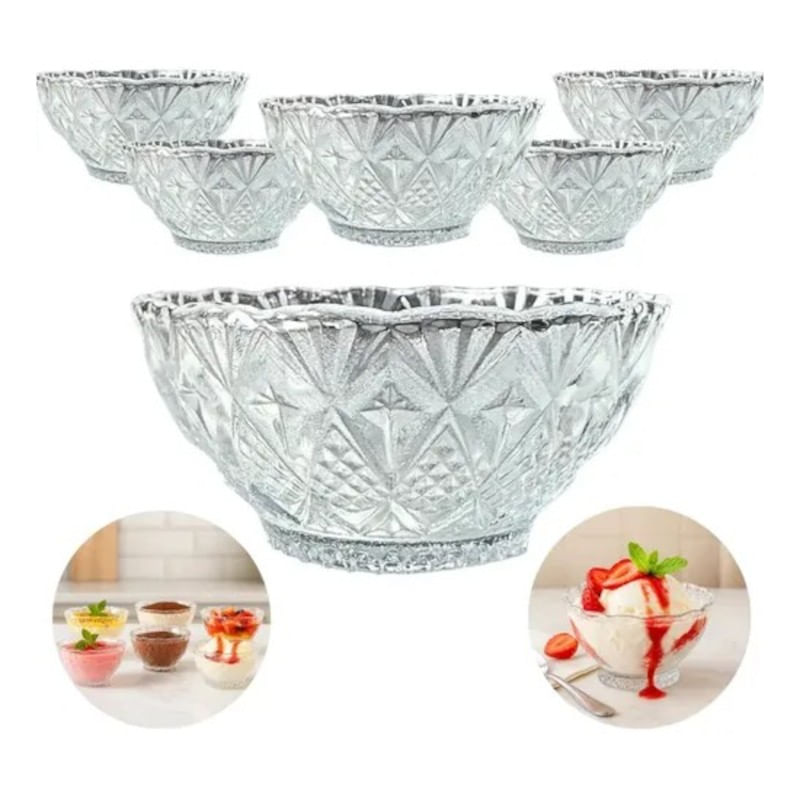 Casa si Gradina - Bucatarie si vesela - Vesela si tacamuri - Farfurii si boluri - Set servire salata 7 piese, bol mare cu 6 boluri mici din sticla transparenta, design sculptat in relief pentru aperitive si desert - Infinity.ro